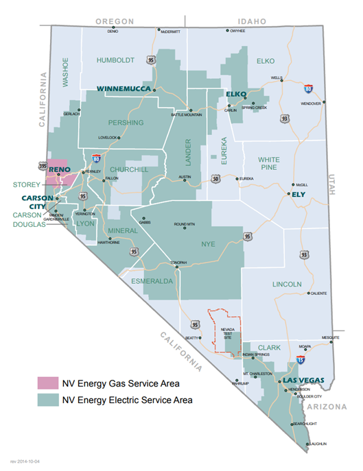 Map showing NV Energy's Gas and Electric service area